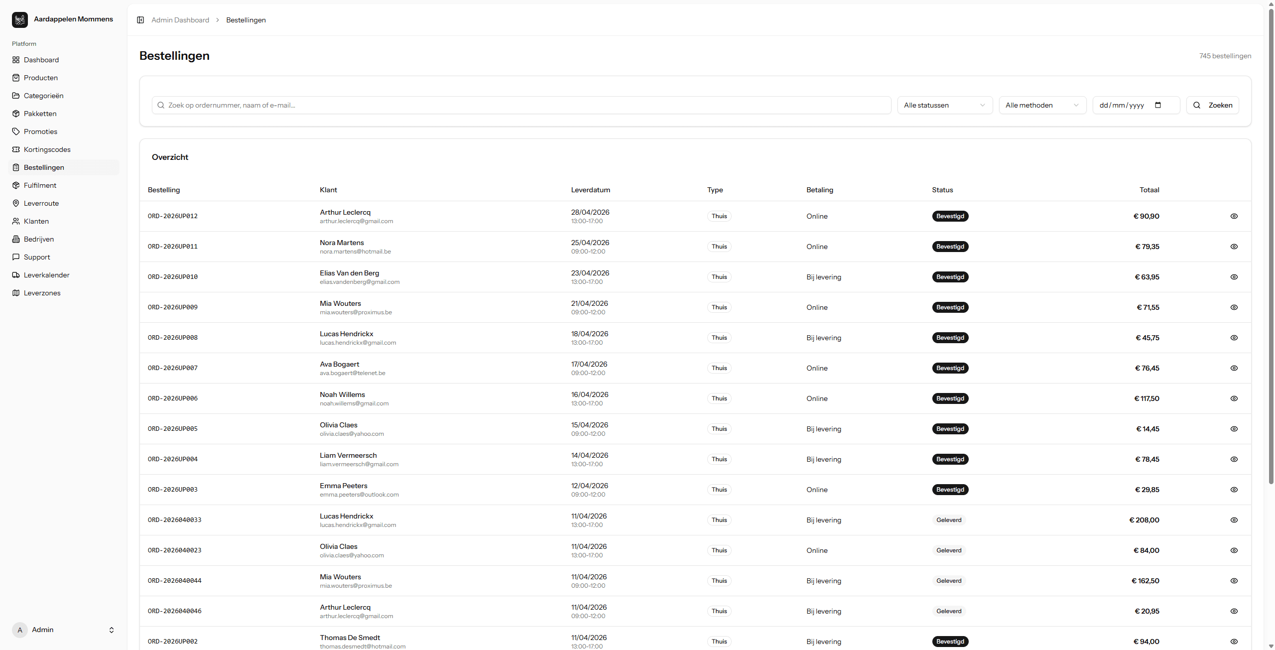 Bestellingen overzicht Aardappelen Mommens